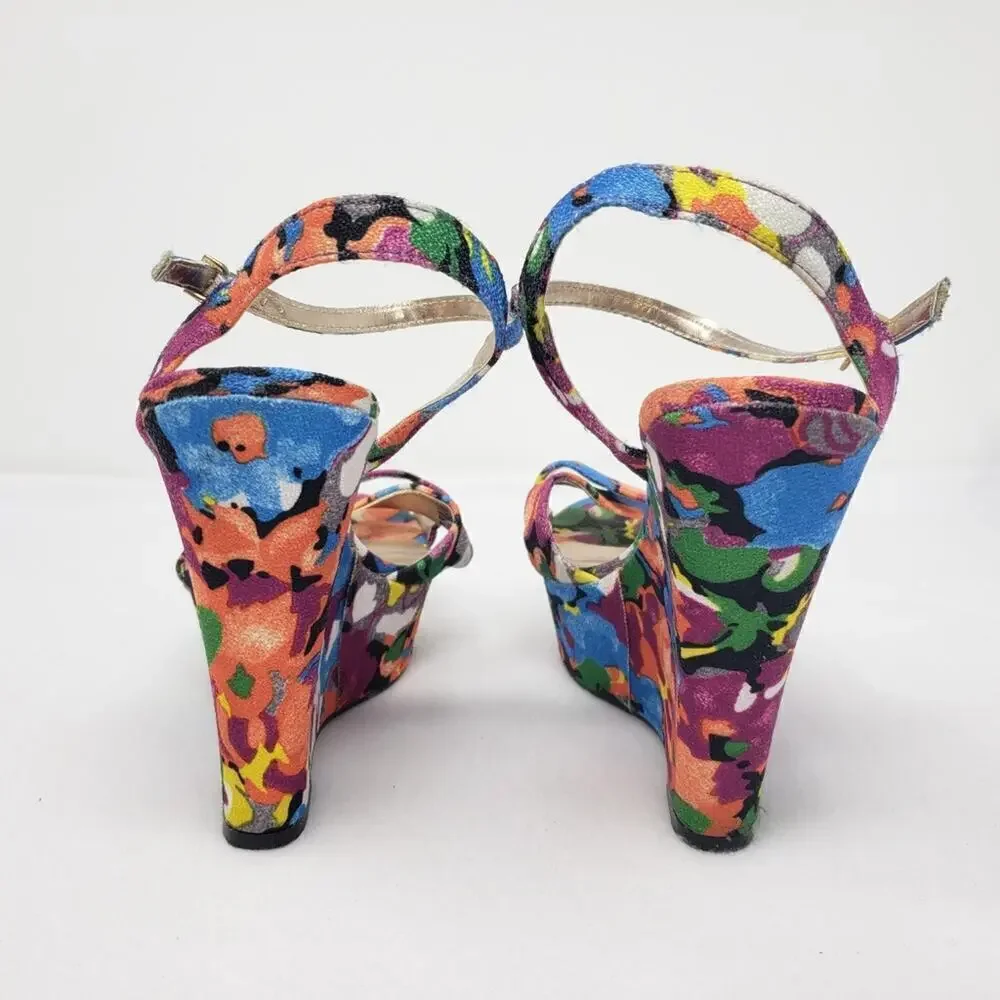 Madden Girl Evonne Mary Jane Watercolor Floral Sandal Wedge Heels 8.5
